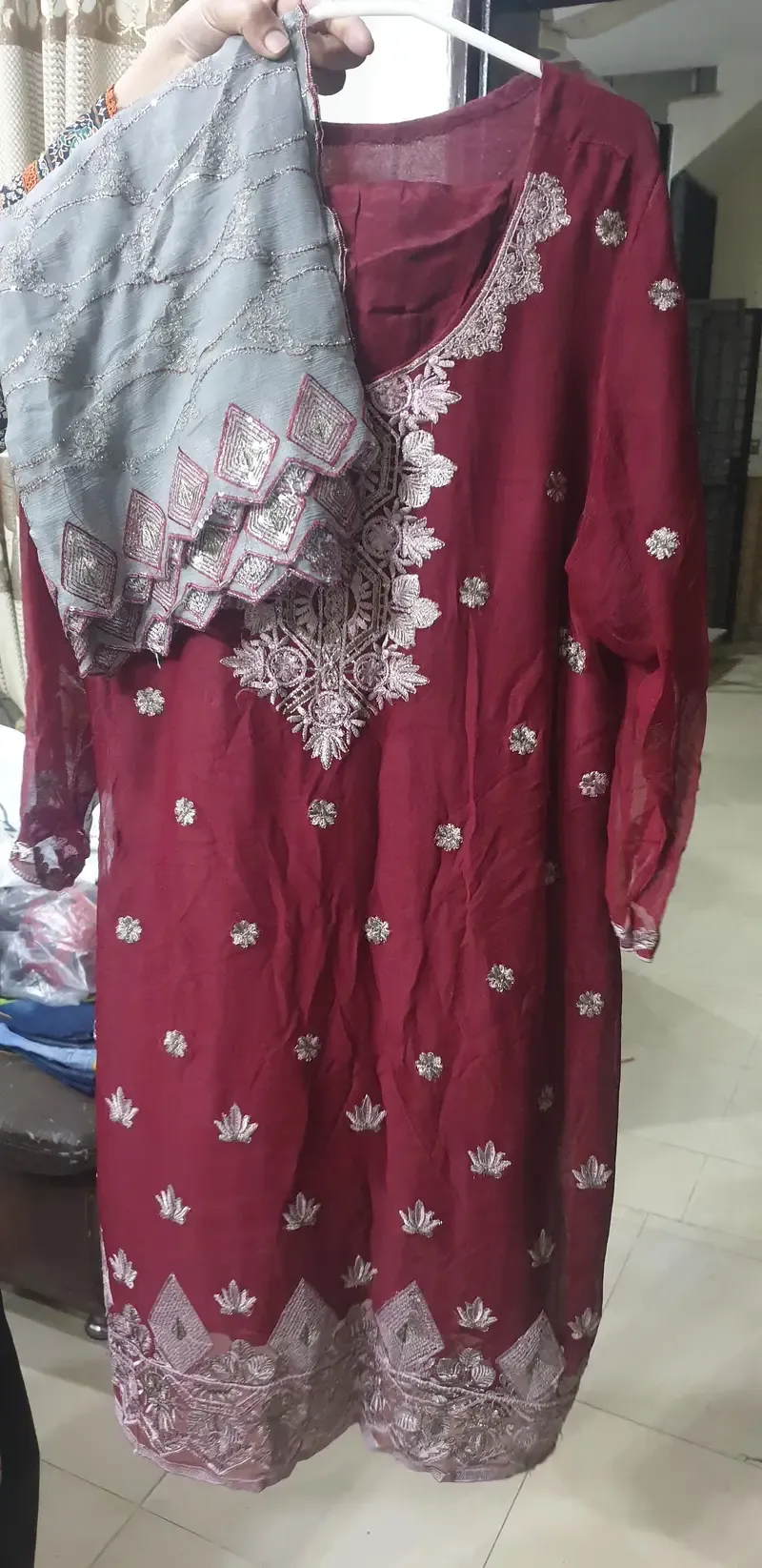 Maroon Embroidered Formal Suit with Dupatta
