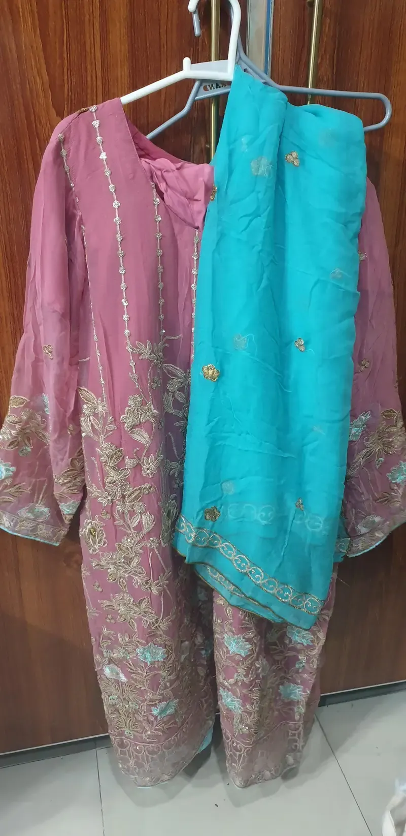 Pink Embroidered Formal Suit with Contrast Dupatta